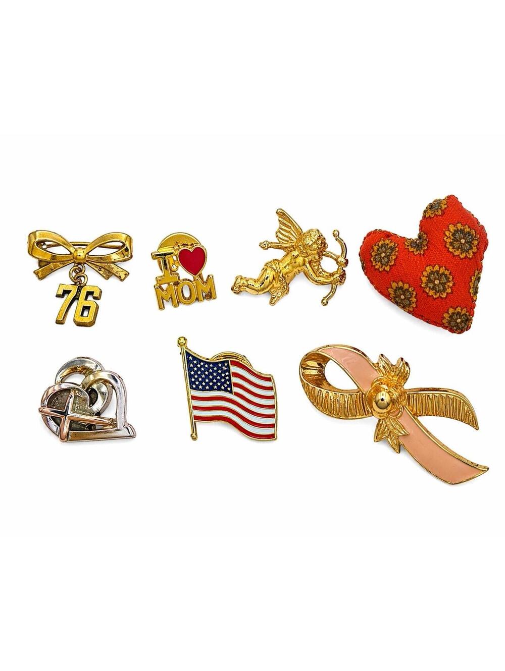 Vintage Brooch Pin Lot 7pc Mixed Gold Tone Enamel Cupid USA Flag Mom Heart